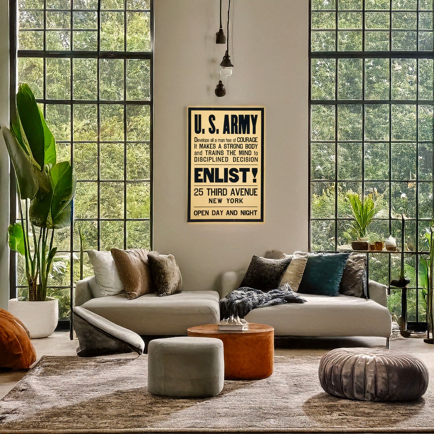 A picture of U.S. Army develops all a man has of courage - it makes a strong body and trains the mind to disciplined decision Enlist!, a mockup of the print leaning against a wall