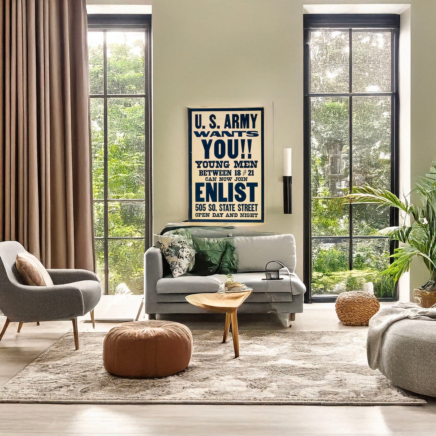 A picture of U.S. Army wants you!! Young men between 18 and 21 can now join., a mockup of the print leaning against a wall