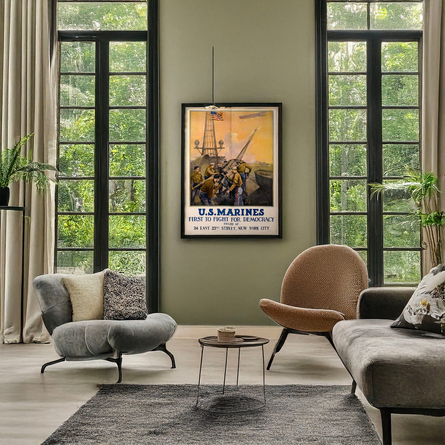 A picture of U.S. Marines - first to fight for democracy, a mockup of the print leaning against a wall