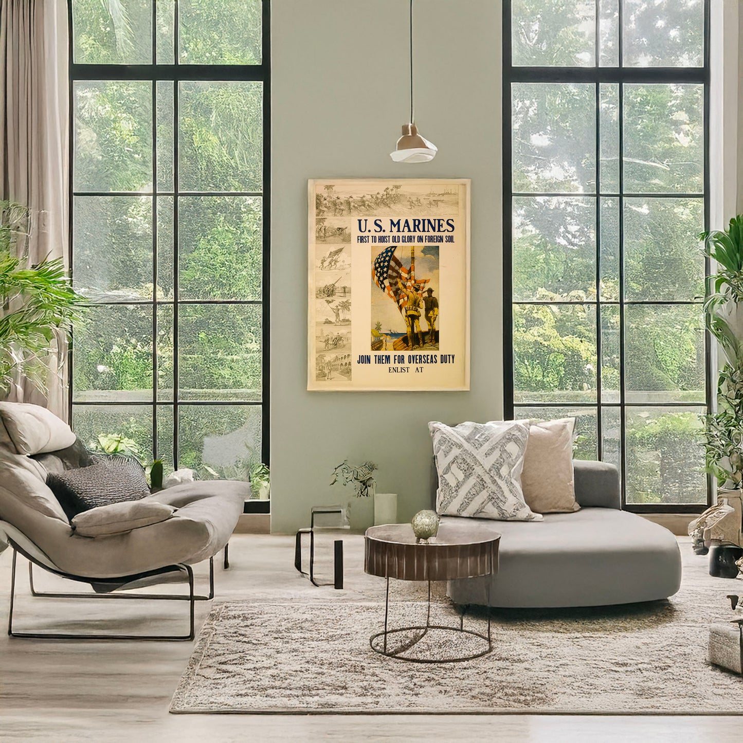 A picture of U.S. Marines - first to hoist Old Glory on foreign soil Join them for overseas duty /, a mockup of the print leaning against a wall