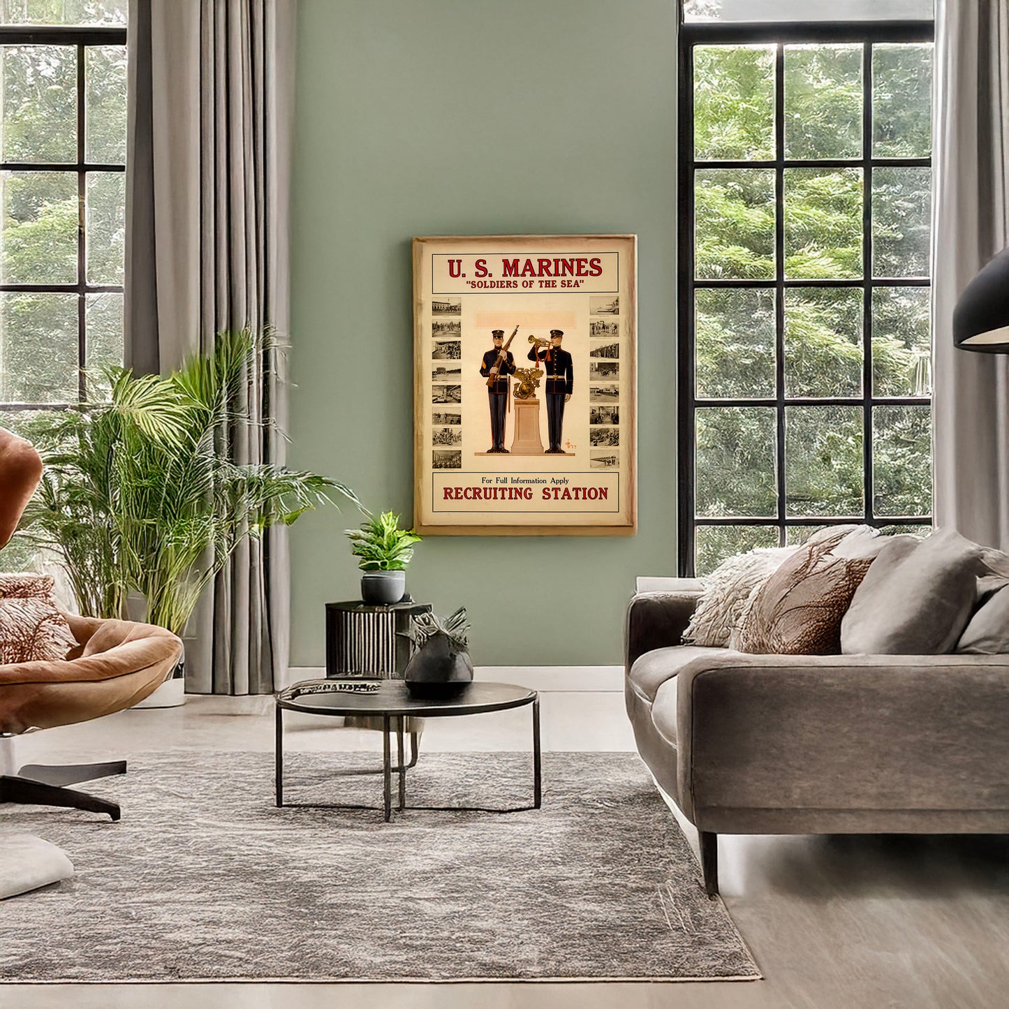 A picture of U.S. Marines "Soldiers of the sea" - For full information apply recruiting station, a mockup of the print leaning against a wall