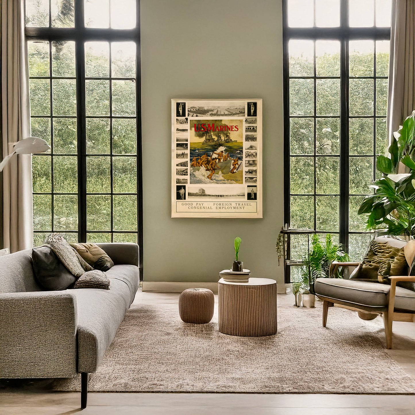 A picture of U.S. Marines - "Soldiers of the sea" Good pay - foreign travel - congenial employment., a mockup of the print leaning against a wall