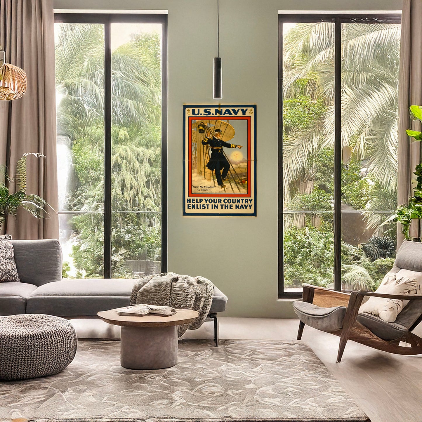 A picture of U.S. Navy--Help your country--Enlist in the Navy, a mockup of the print leaning against a wall