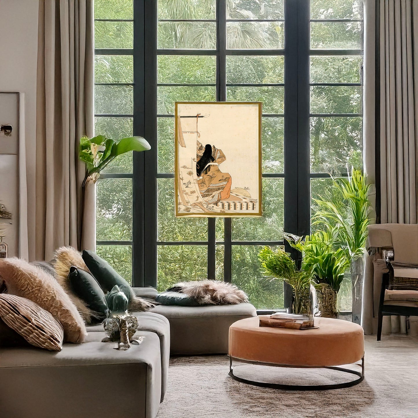 A picture of Ushiromuki no kanjo zu, a mockup of the print leaning against a wall