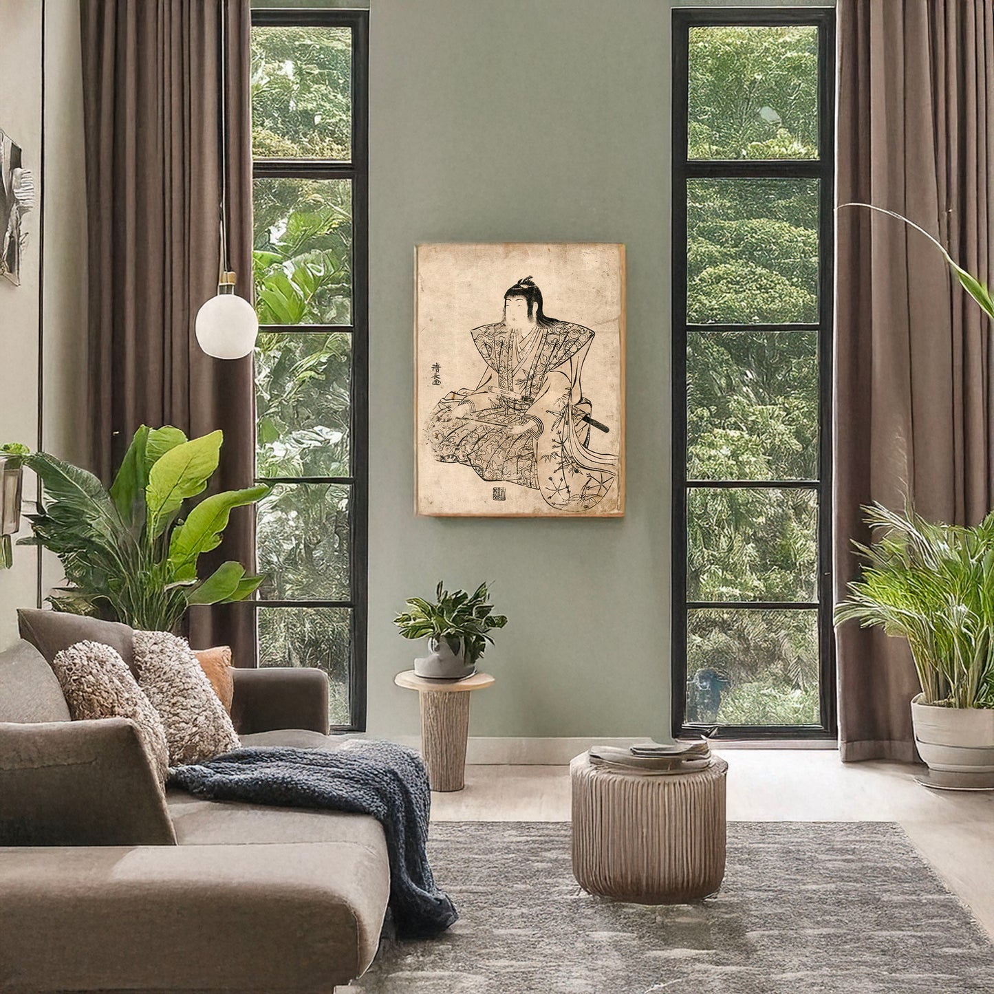 A picture of Utai, a mockup of the print leaning against a wall