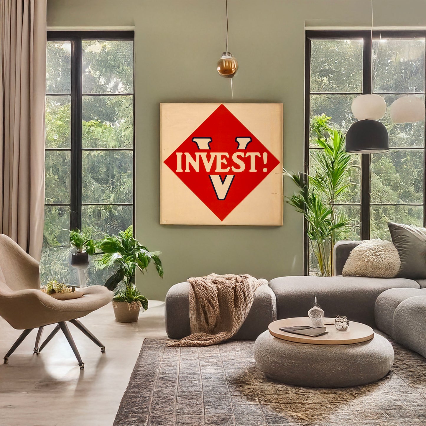 A picture of V--Invest!, a mockup of the print leaning against a wall