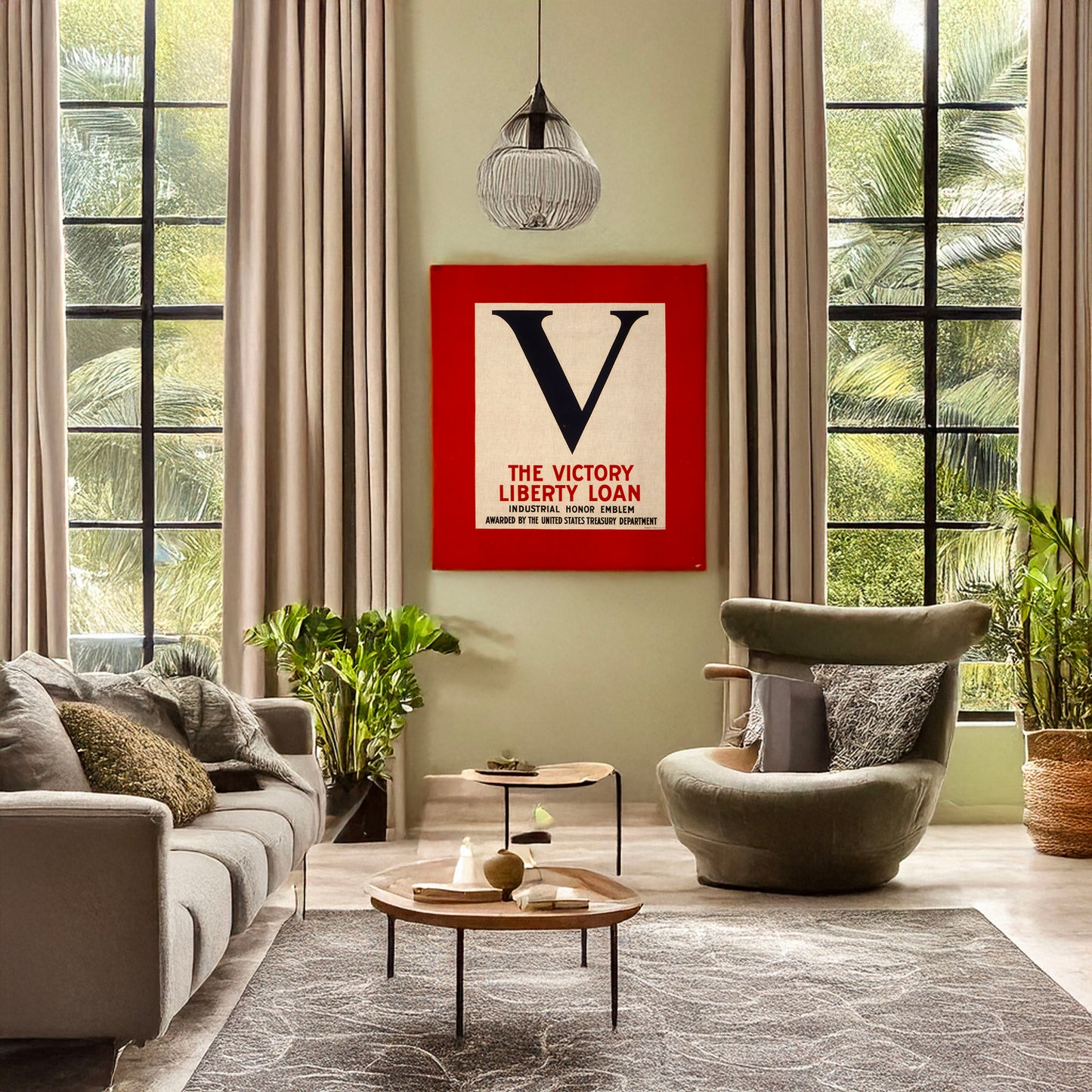 A picture of V--The Victory Liberty Loan industrial honor emblem Awarded by the United States Treasury Department., a mockup of the print leaning against a wall