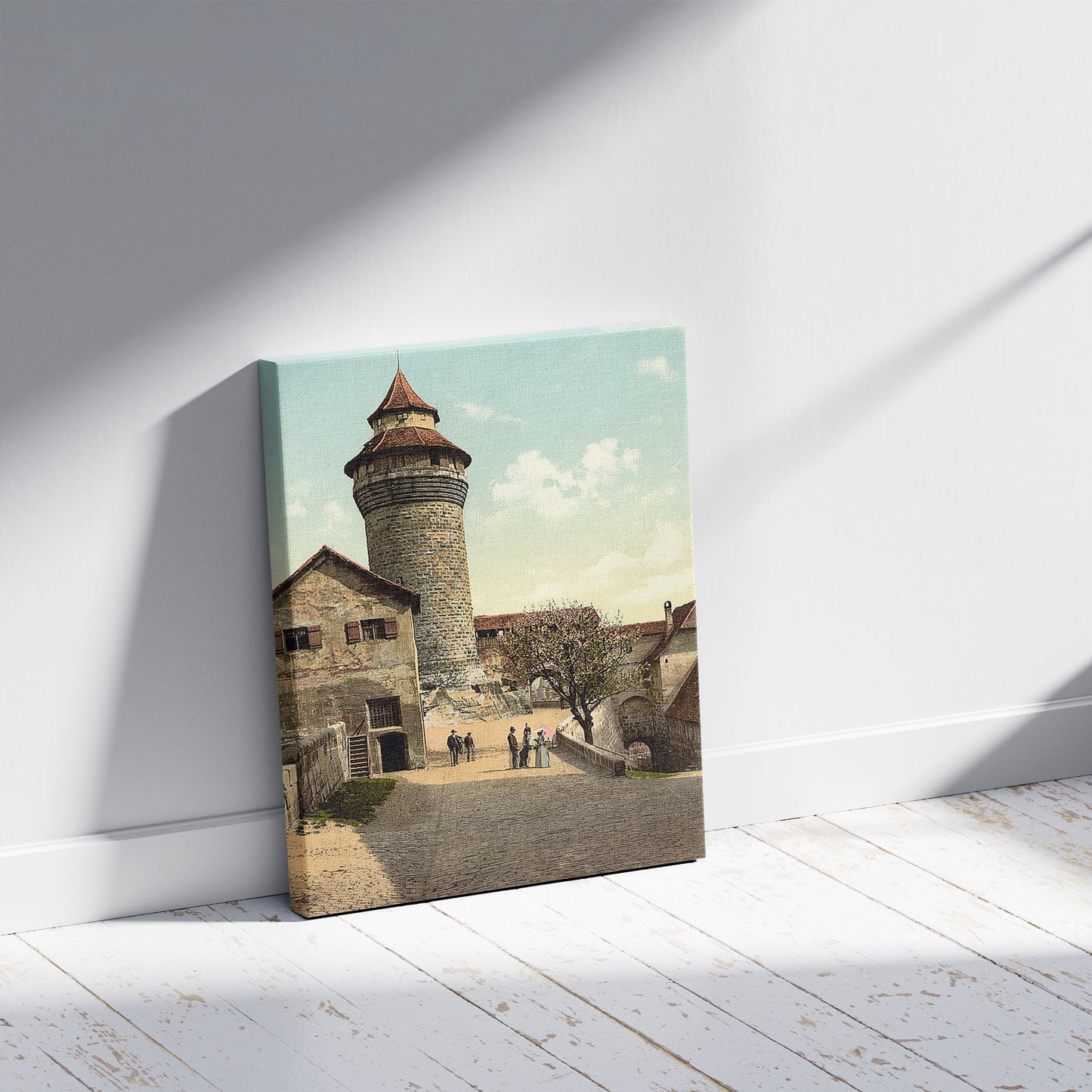 A picture of Vestner Tower, Nuremberg, Bavaria, Germany, a mockup of the print leaning against a wall