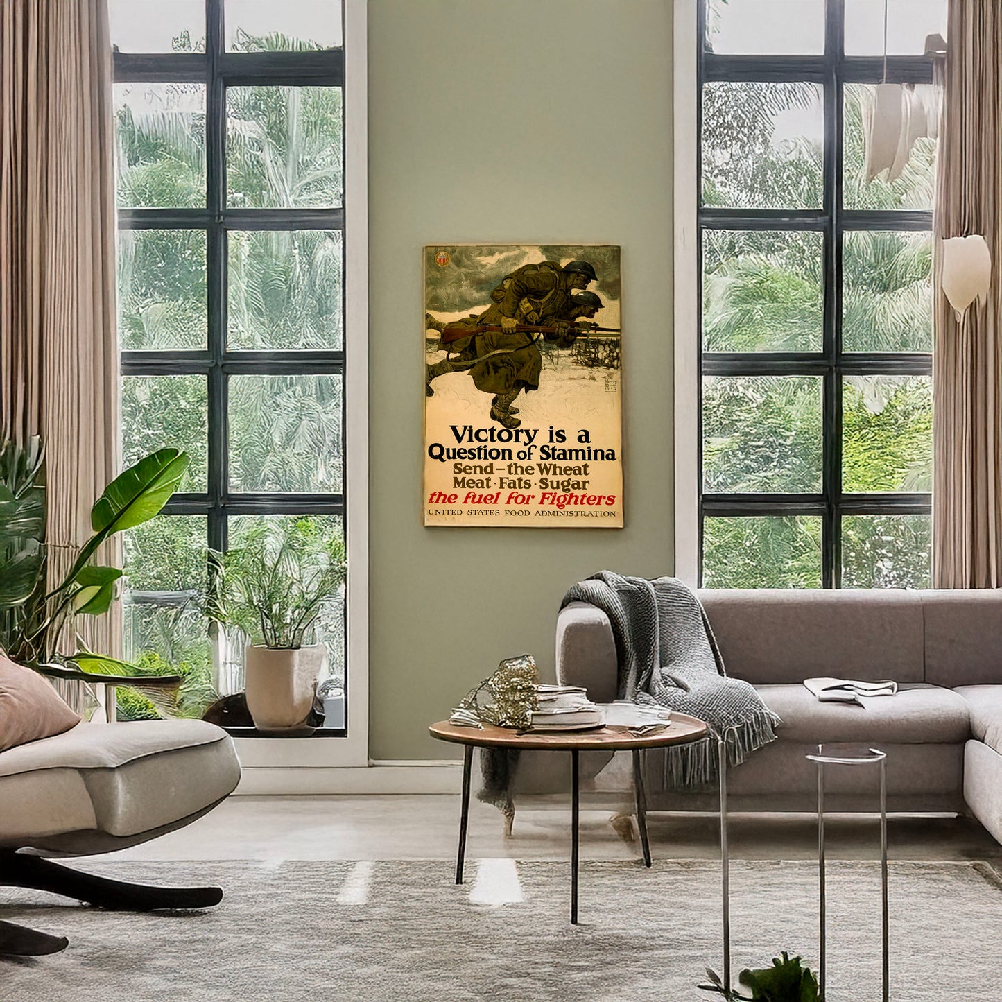 A picture of Victory is a question of stamina--Send - the wheat, meat, fats, sugar--The fuel for fighters United States Food Administration /, a mockup of the print leaning against a wall