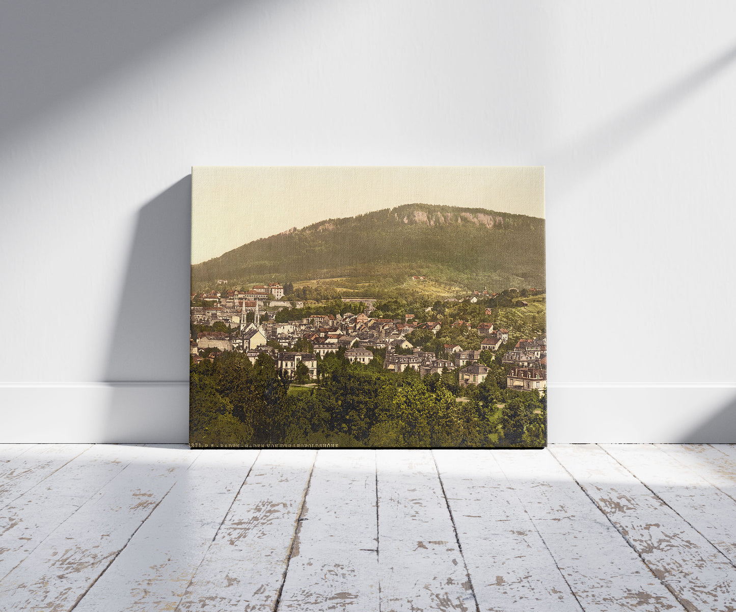 A picture of View from the Leopoldshoehe, Baden-Baden, Baden, Germany, a mockup of the print leaning against a wall
