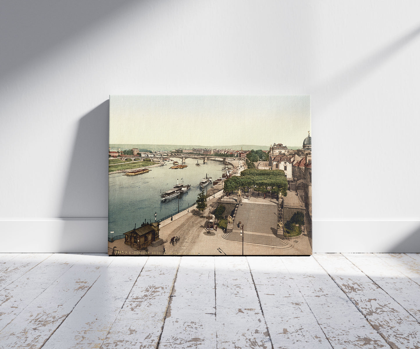 A picture of View of the Elbe and Bruhlsche Terrace, Altstadt, Dresden, Saxony, Germany, a mockup of the print leaning against a wall