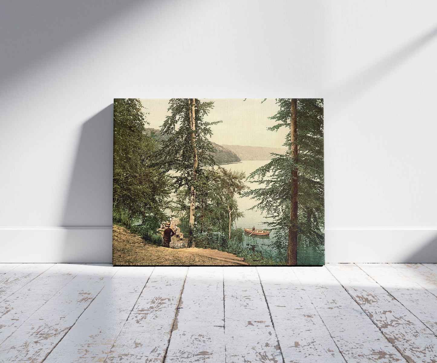 A picture of View of the Grossen Ukleisee, Schleswig-Holstein, Germany, a mockup of the print leaning against a wall