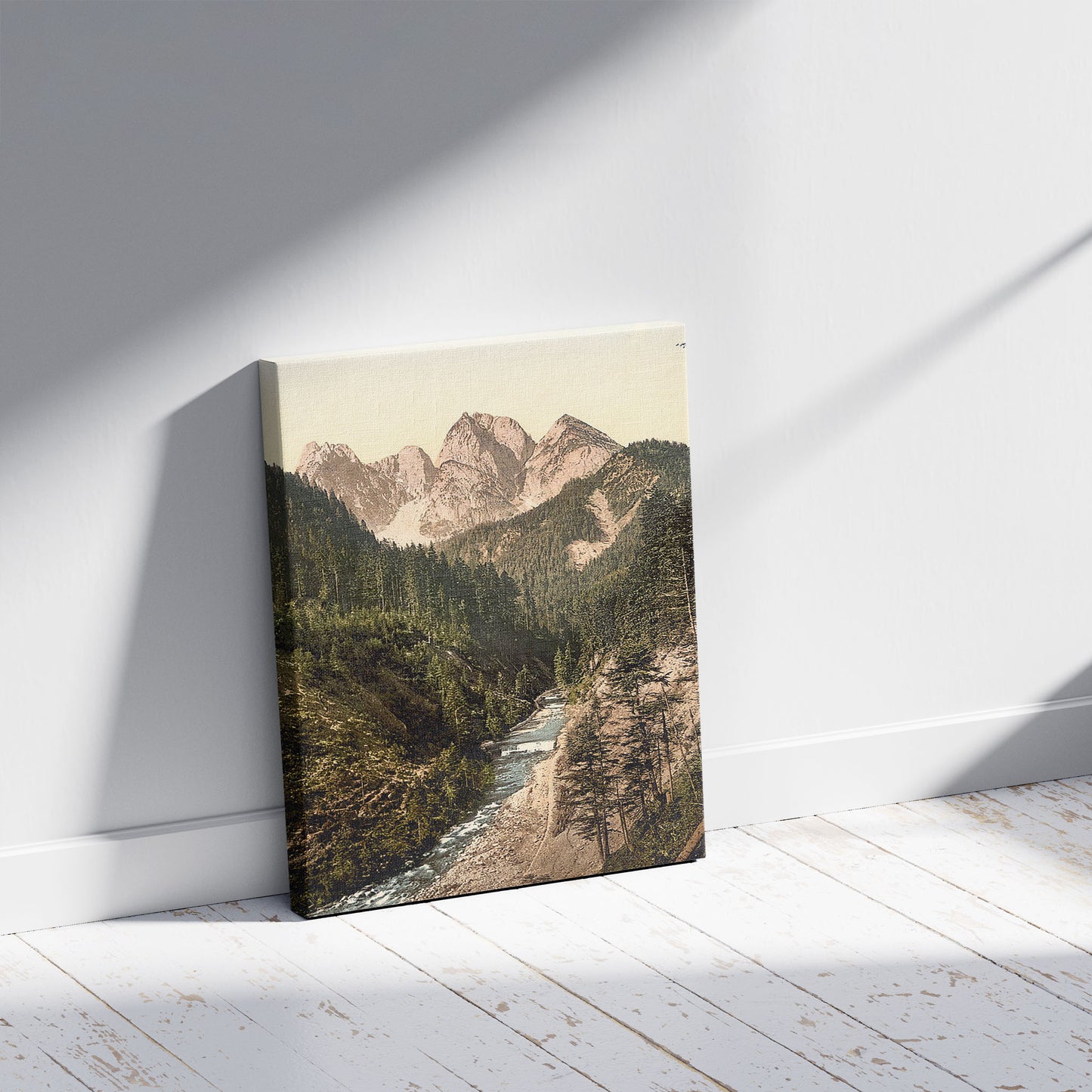 A picture of View on the Gosaubach, Upper Austria, Austro-Hungary, a mockup of the print leaning against a wall