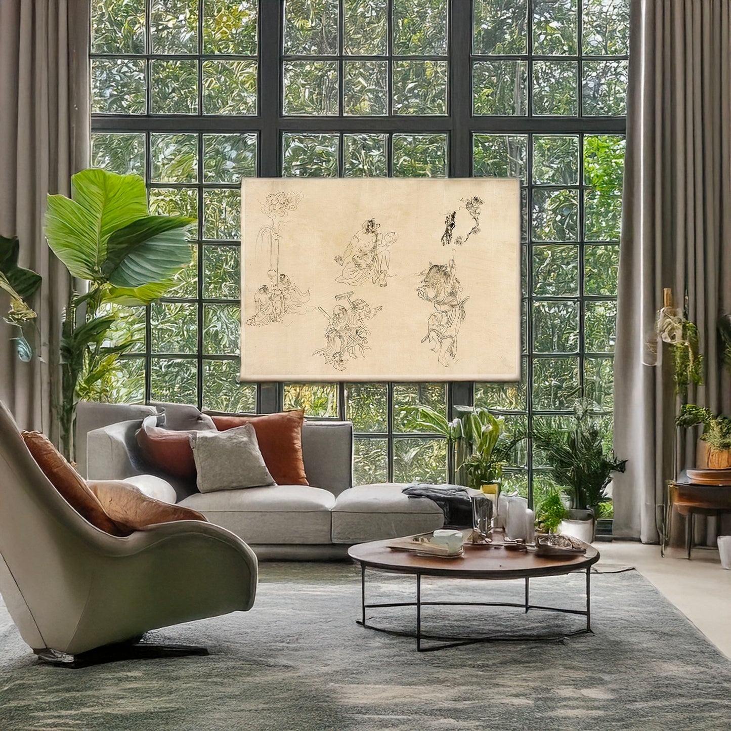 A picture of Vignettes of supernatural beings and mythical events possibly related to Japanese theater, a mockup of the print leaning against a wall
