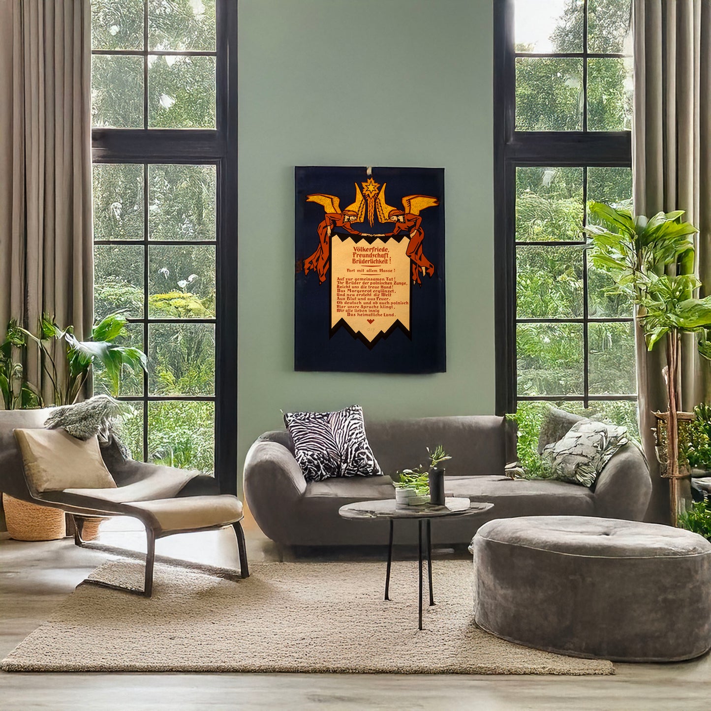 A picture of Völkerfriede, Freundschaft, Brüderlichkeit! Fort mit allem Hasse! ..., a mockup of the print leaning against a wall