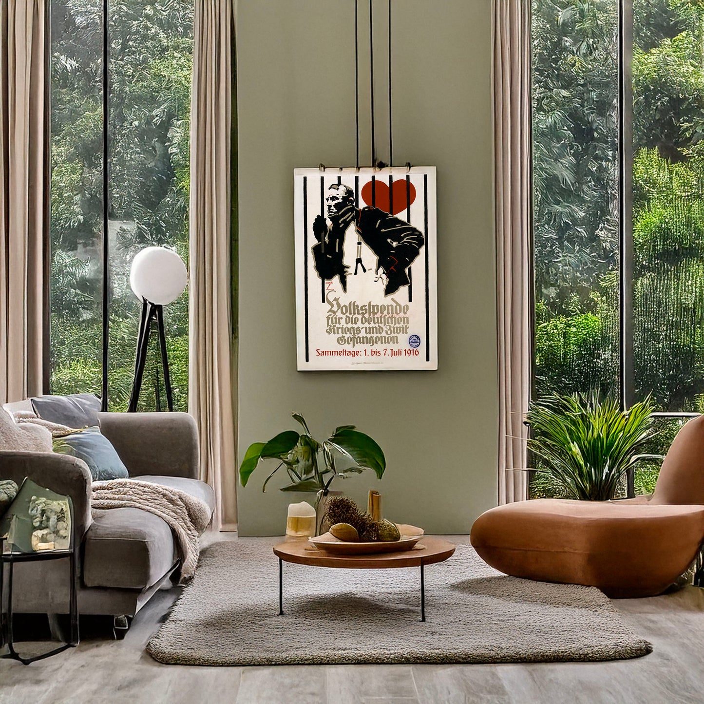A picture of Volkspende für die deutschen Kriegs-und Zivil-Gefangenen ..., a mockup of the print leaning against a wall