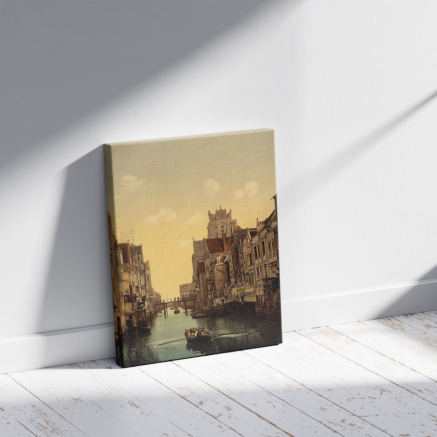 A picture of Voorstraatshaven, Dordrecht, Holland, a mockup of the print leaning against a wall
