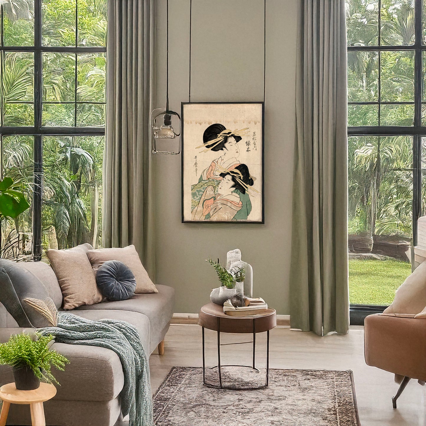 A picture of Wakamatsuya uchi midorigi, a mockup of the print leaning against a wall
