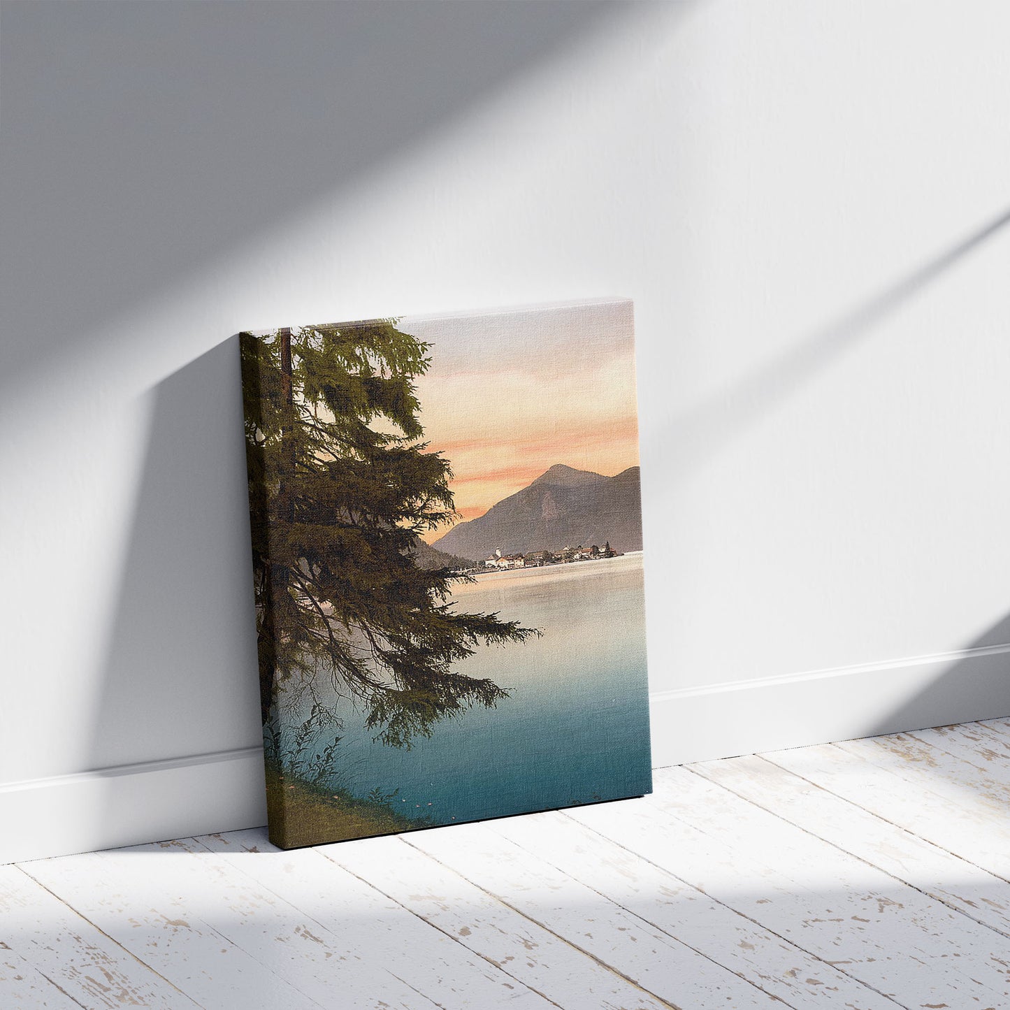 A picture of Walchensee, general view, Upper Bavaria, Germany, a mockup of the print leaning against a wall