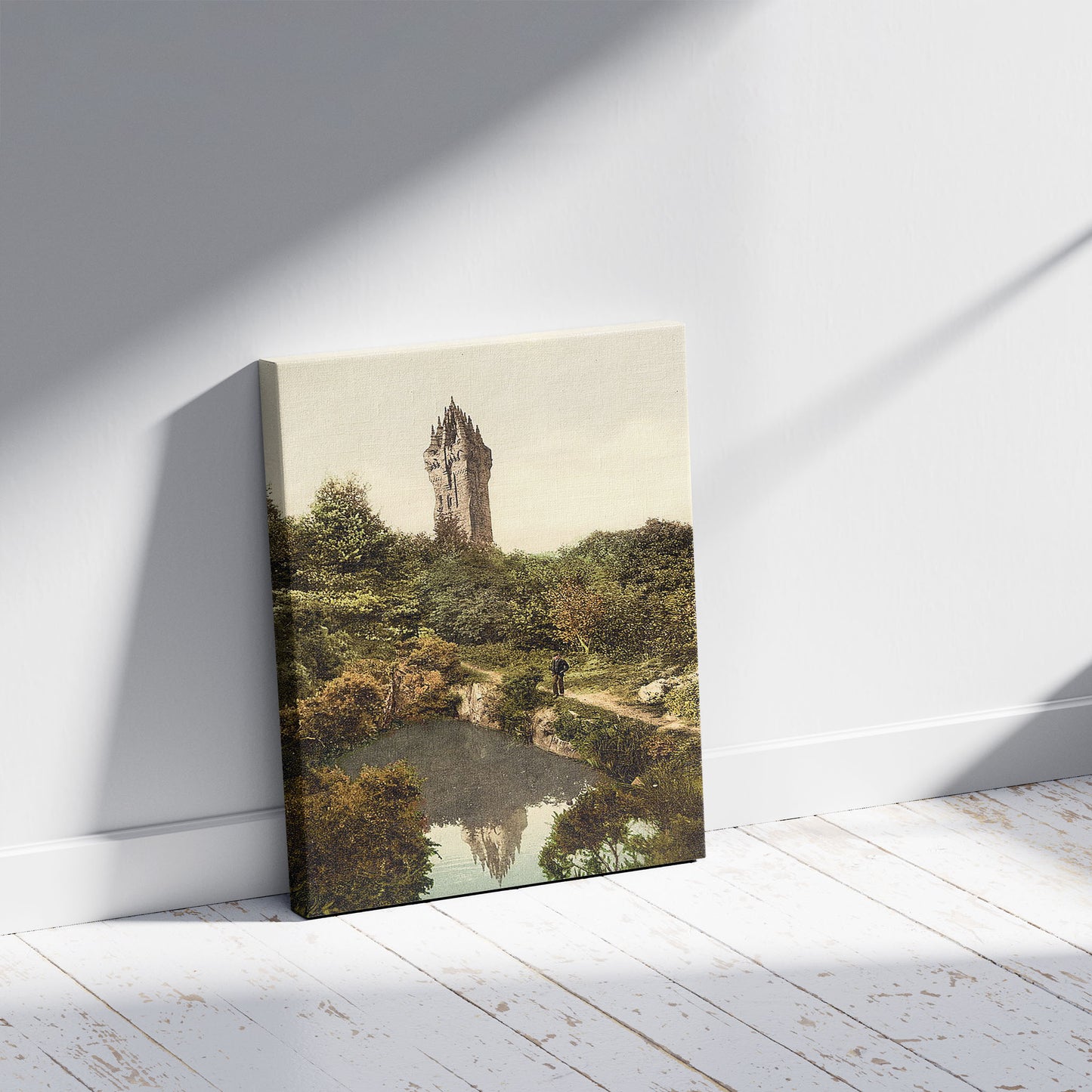 A picture of Wallace Monument, Stirling, Scotland, a mockup of the print leaning against a wall