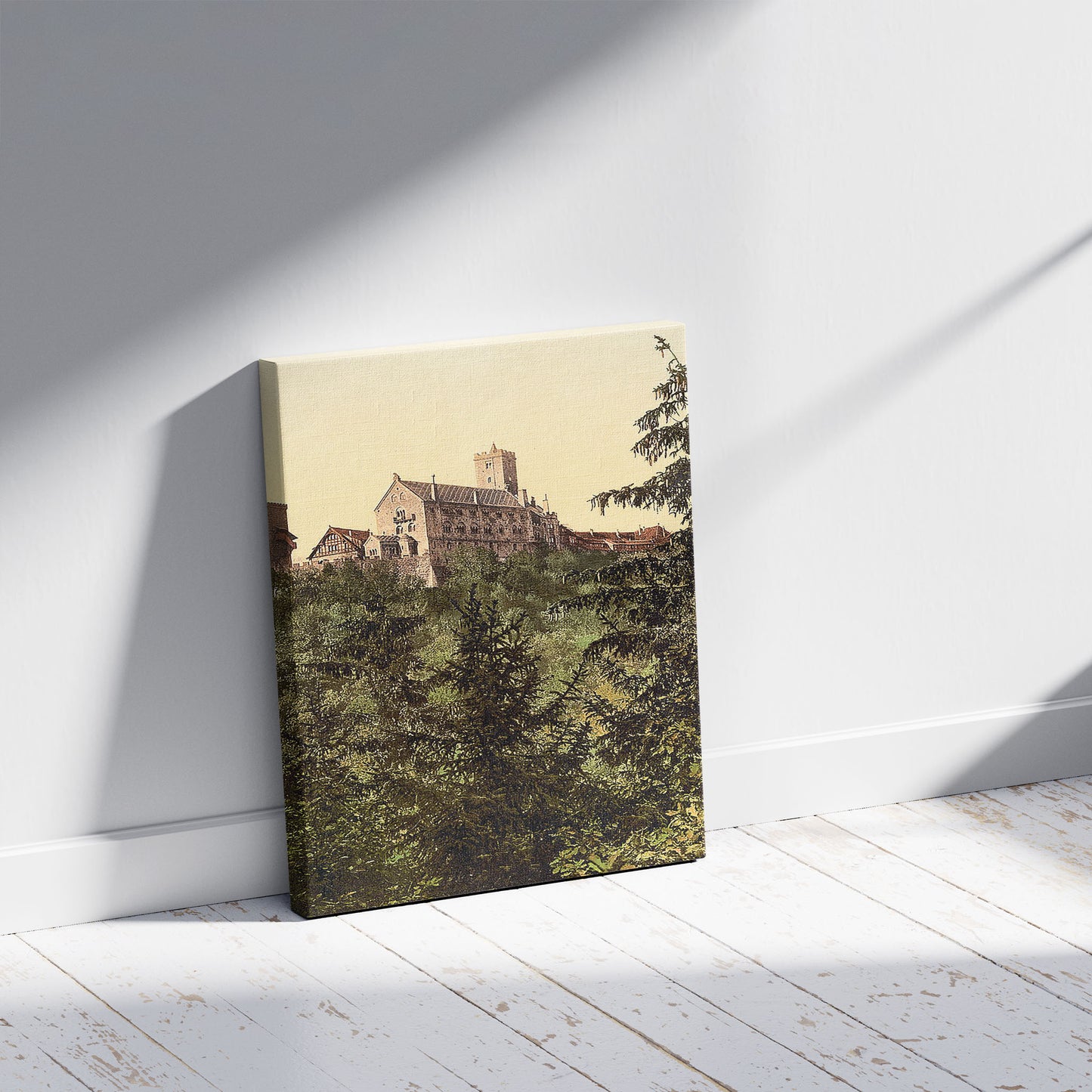 A picture of Wartburg, from Eisenach Castle, Thuringia, Germany, a mockup of the print leaning against a wall