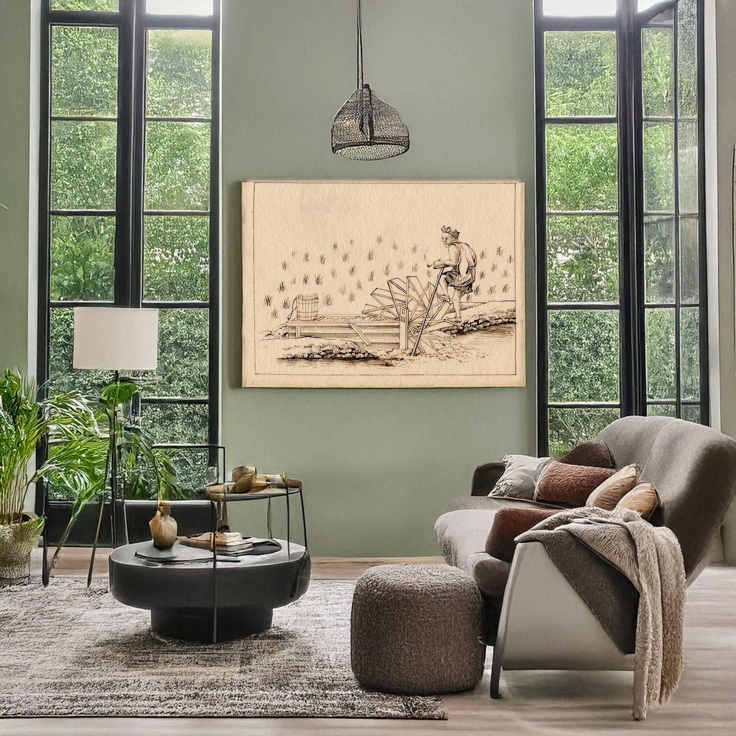 A picture of Water wheel, a mockup of the print leaning against a wall