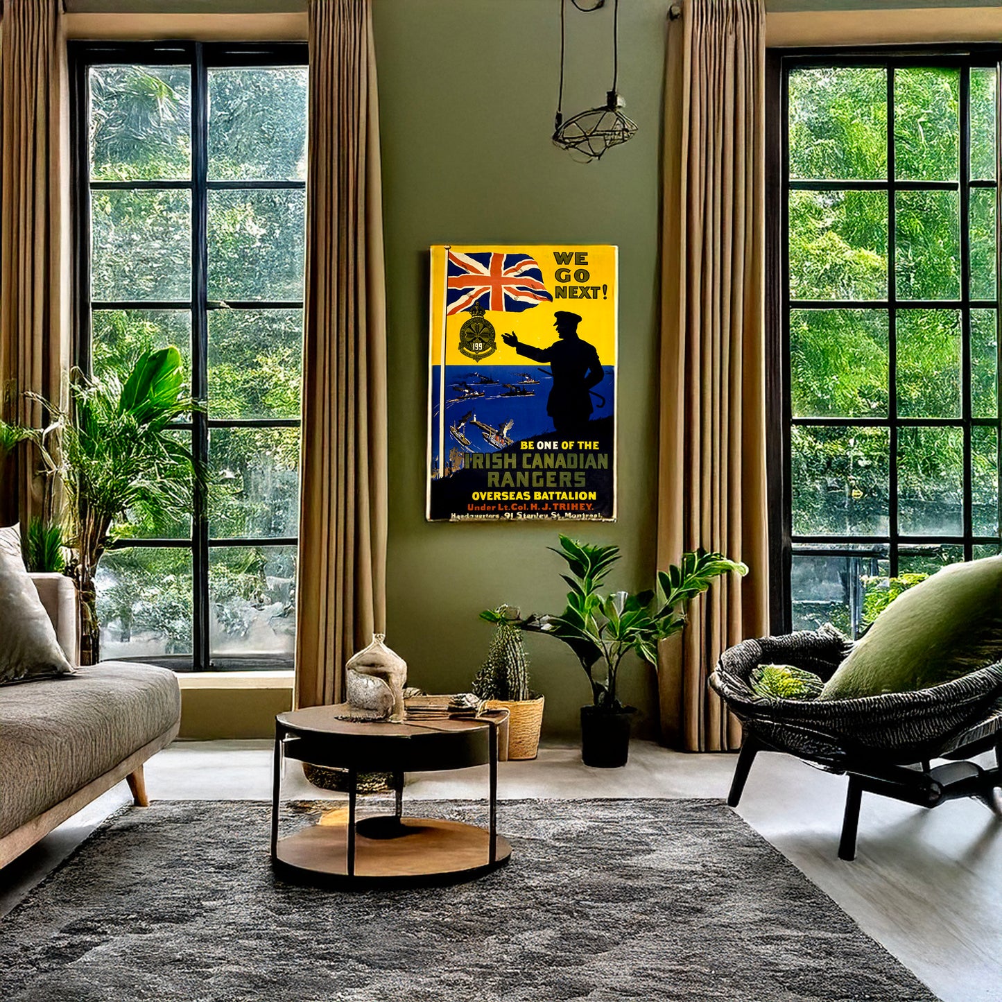 A picture of We go next! Irish Canadian Rangers..., a mockup of the print leaning against a wall