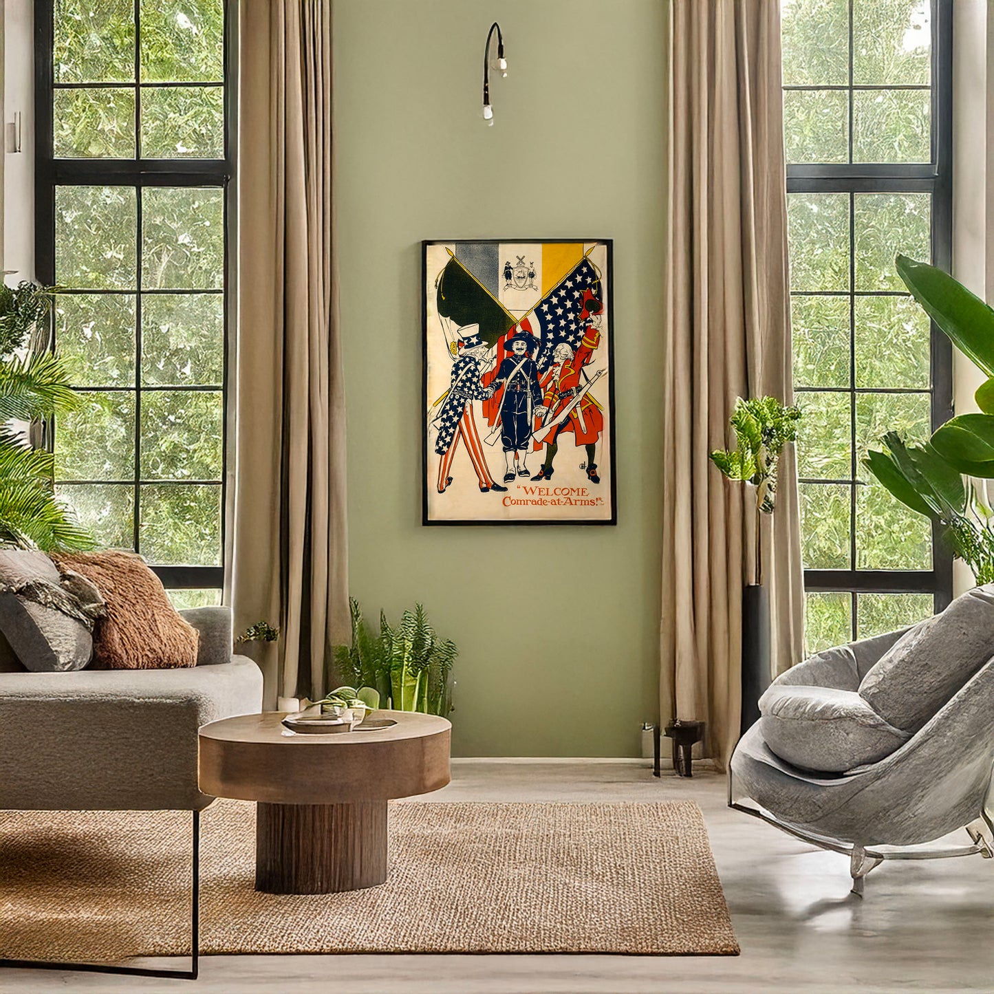 A picture of "Welcome comrade-at-arms!", a mockup of the print leaning against a wall