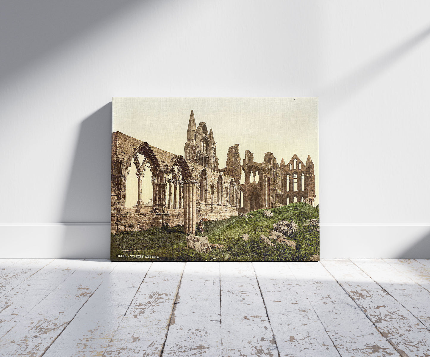 A picture of Whitby, the abbey, I., Yorkshire, England, a mockup of the print leaning against a wall