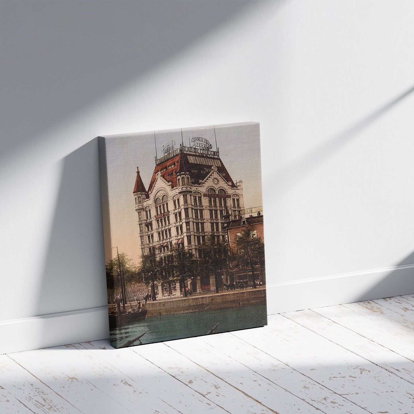 A picture of Whitehouse (office building), Rotterdam, Holland, a mockup of the print leaning against a wall
