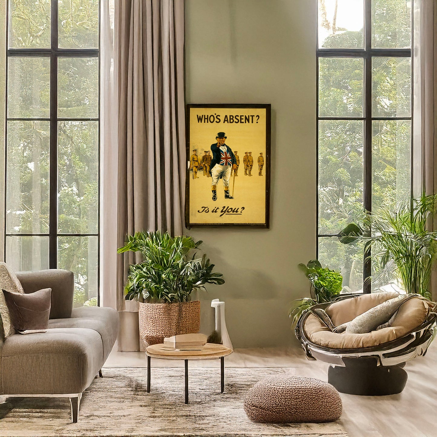 A picture of Who's absent? Is it you?, a mockup of the print leaning against a wall
