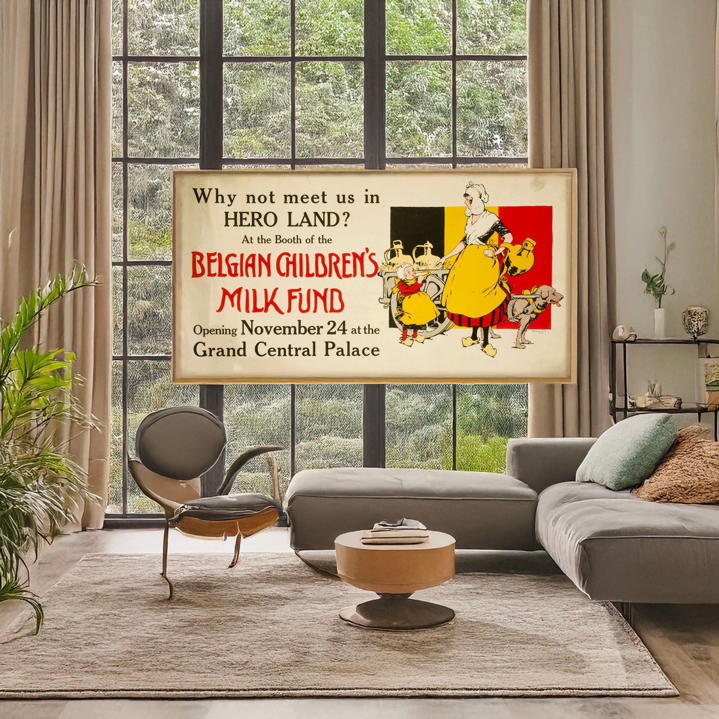 A picture of Why not meet us in Hero Land? At the Belgian Children's Milk Fund Opening November 24 at the Grand Central Palace /, a mockup of the print leaning against a wall