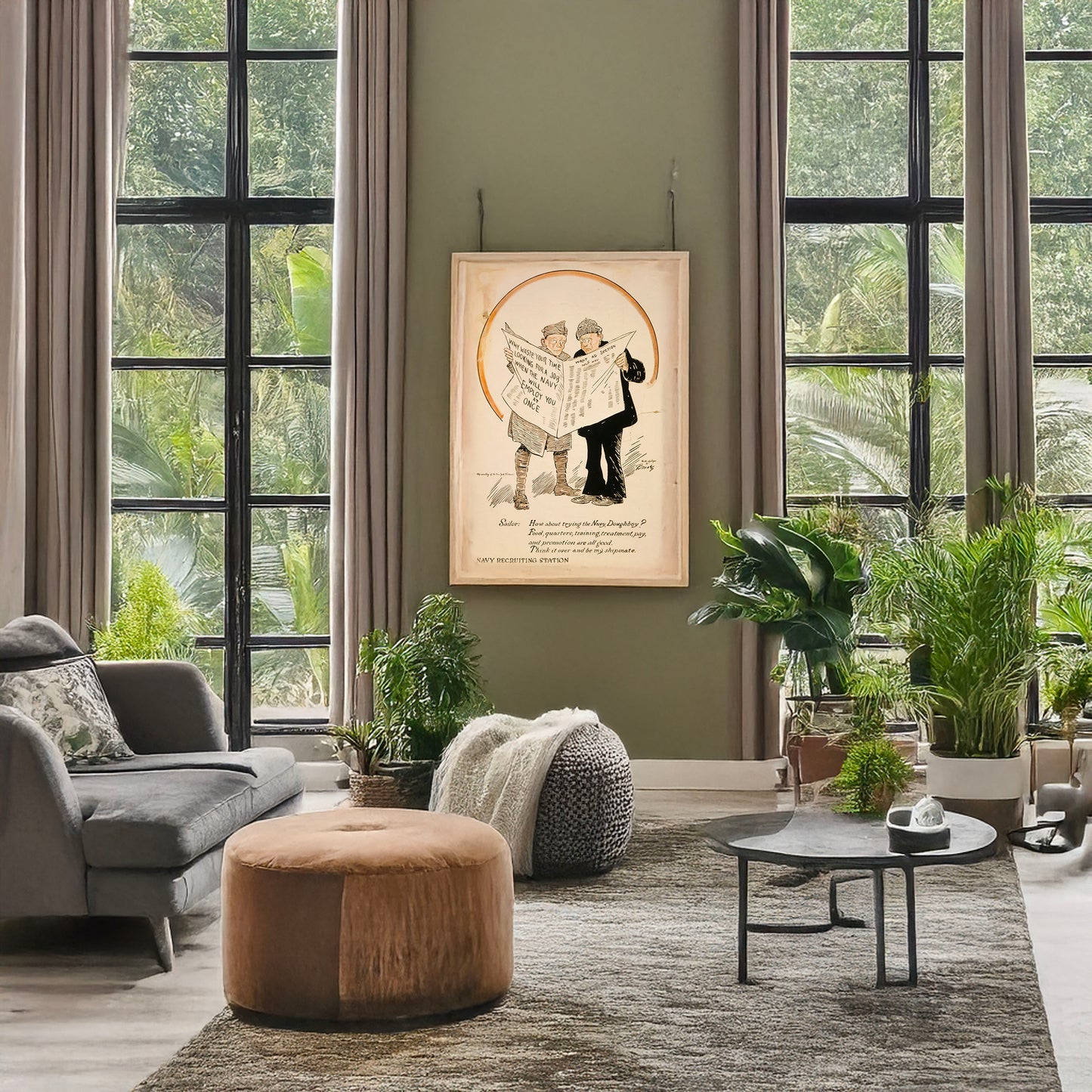 A picture of Why waste your time looking for a job when the Navy will employ you at once, a mockup of the print leaning against a wall