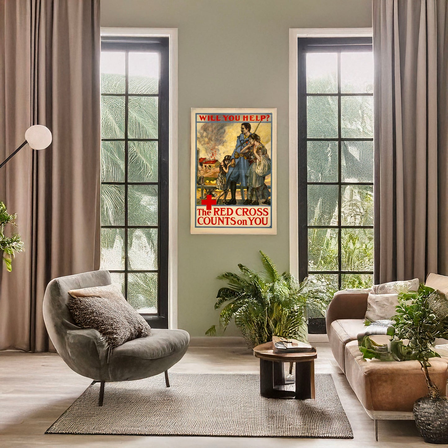 A picture of Will you help? The Red Cross counts on you, a mockup of the print leaning against a wall