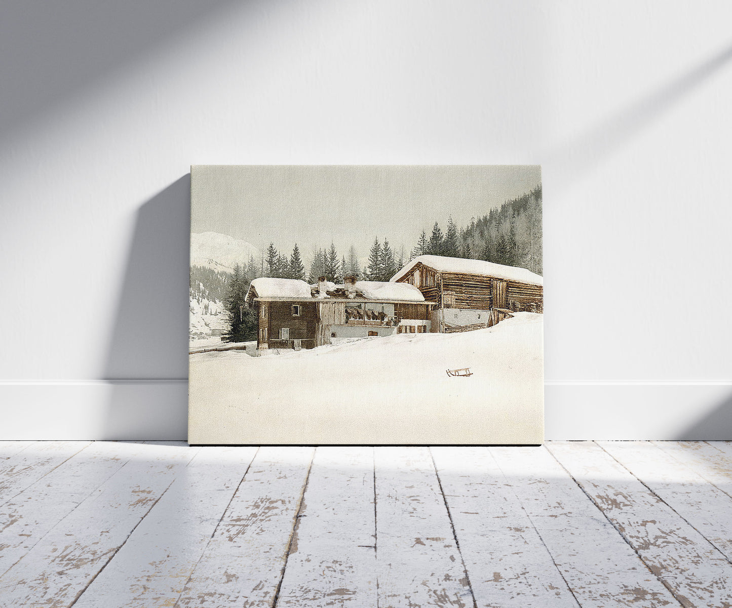 A picture of Winter scene with log structure, Grisons, Switzerland
