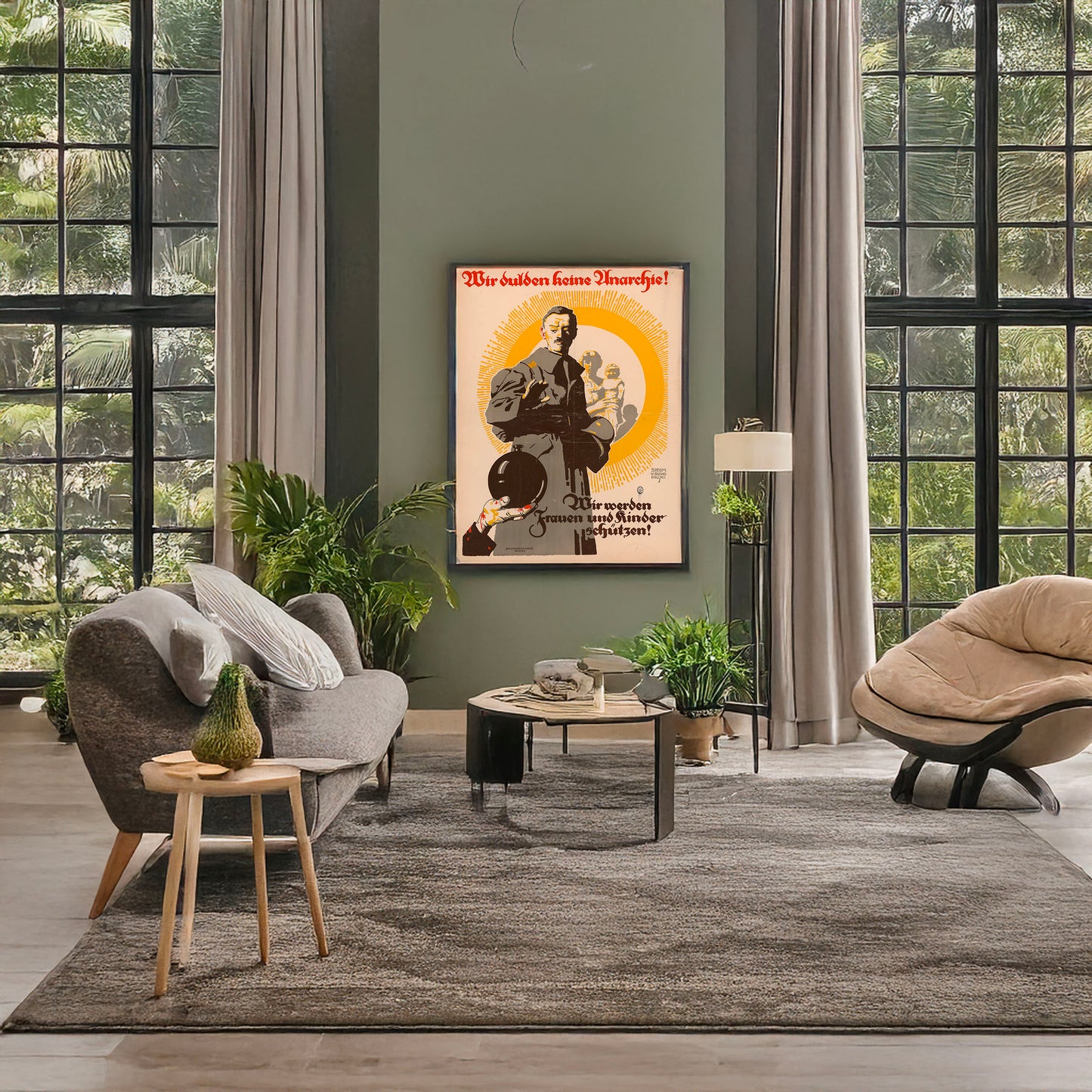 A picture of Wir dulden keine Anarchie!, a mockup of the print leaning against a wall