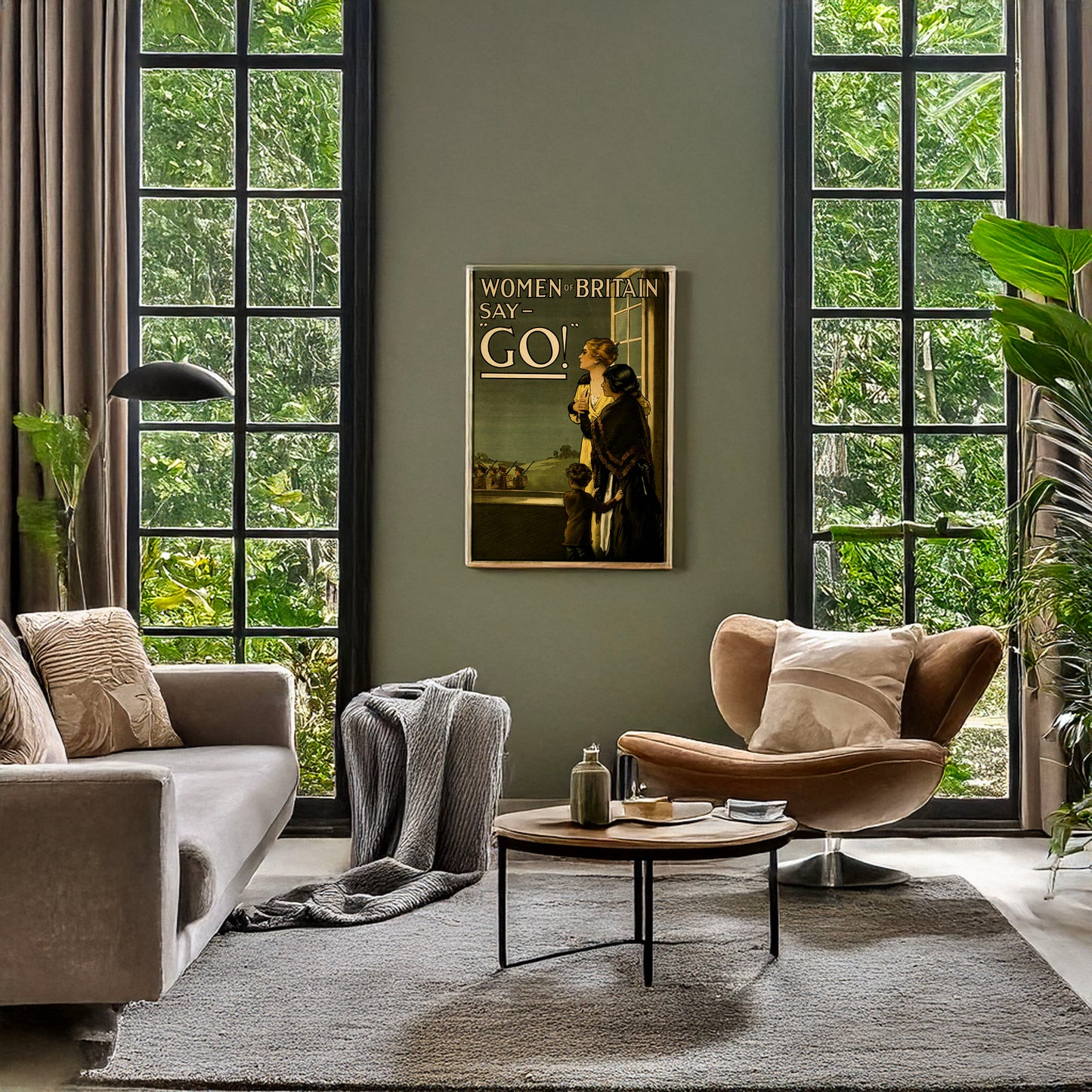 A picture of Women of Britain say - "Go!", a mockup of the print leaning against a wall