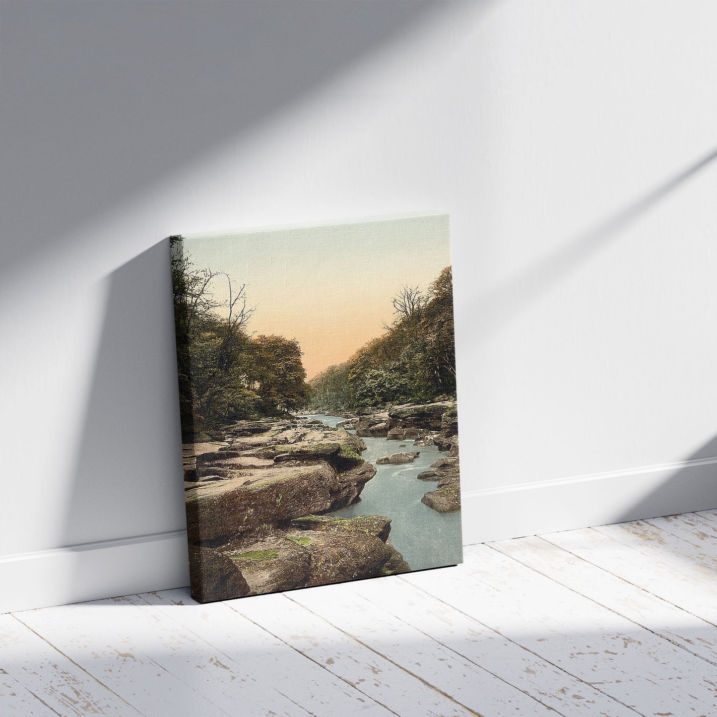 A picture of Woods, the Strid, Bolton Abbey, England, a mockup of the print leaning against a wall