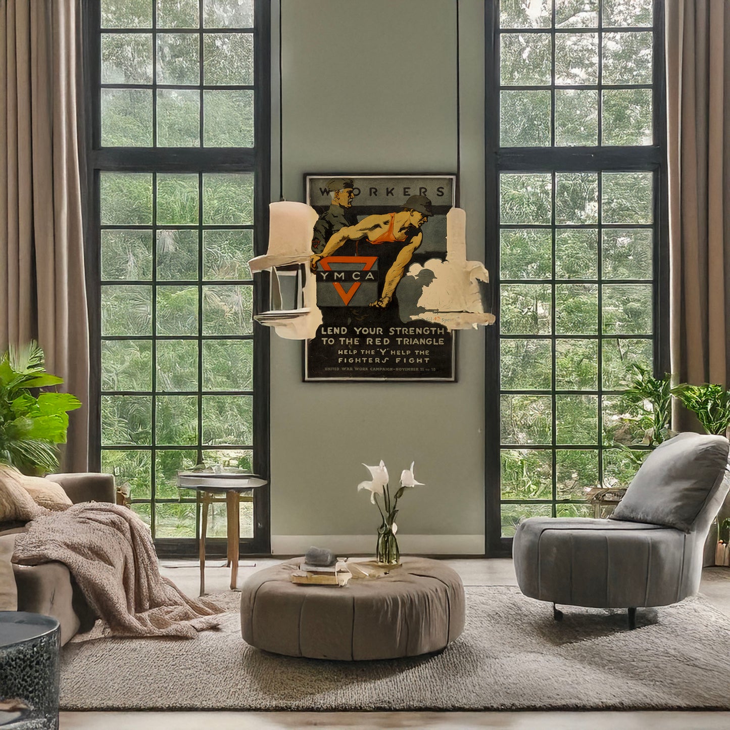 A picture of Workers, lend your strength to the red triangle - Help the "Y" help the fighters fight - United War Work Campaign - November 11 to 18, a mockup of the print leaning against a wall