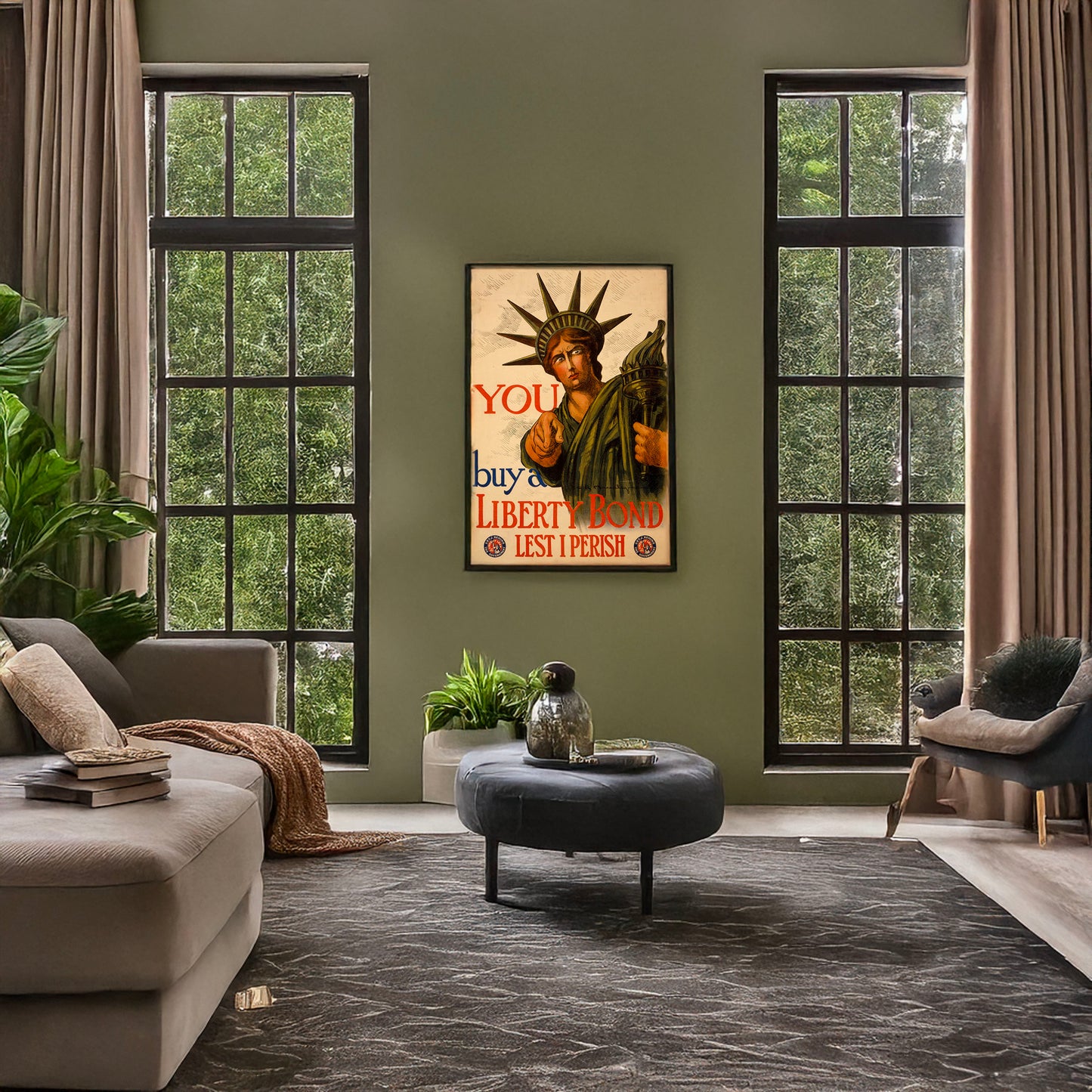 A picture of You--Buy a Liberty bond lest I perish, a mockup of the print leaning against a wall