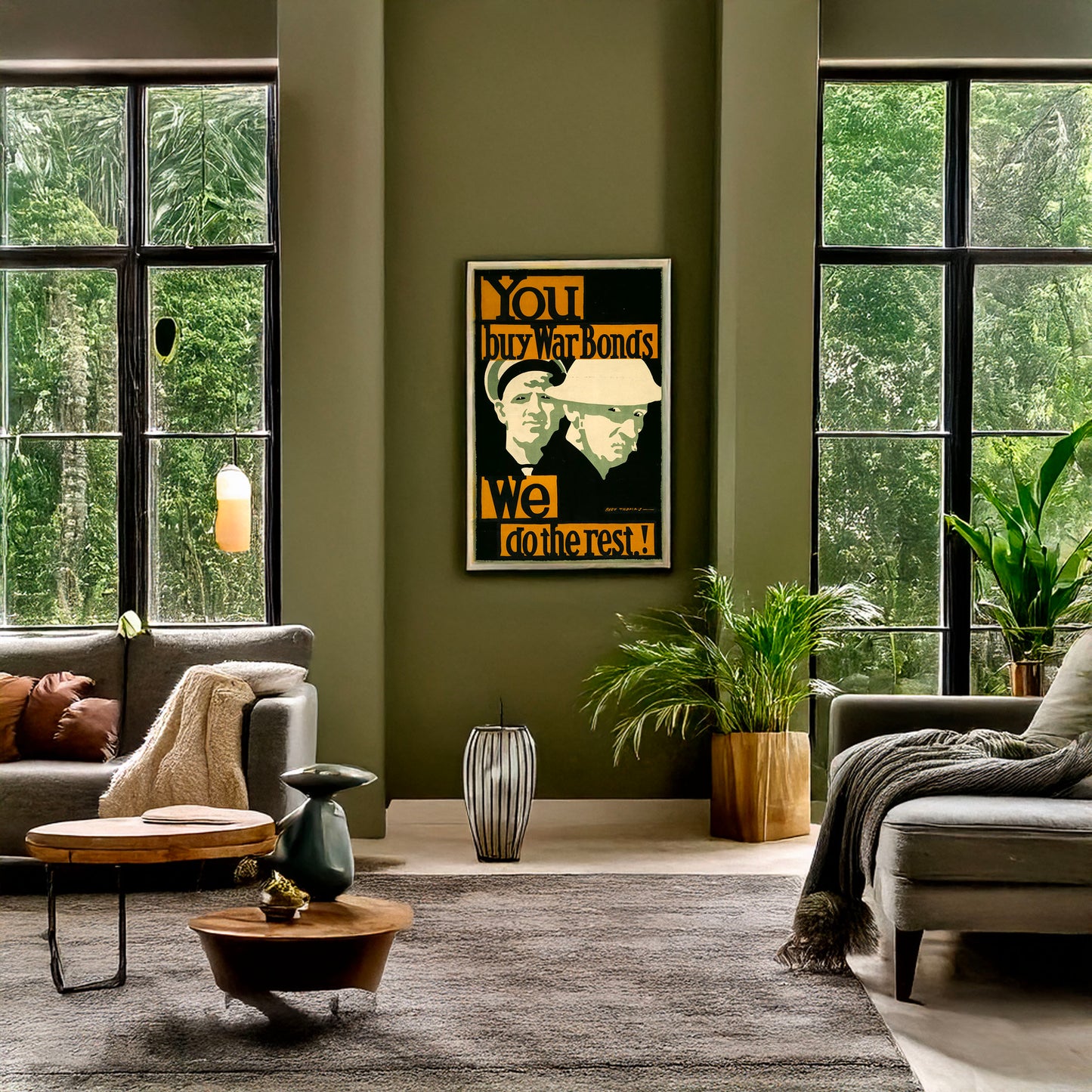 A picture of You buy war bonds. We do the rest!, a mockup of the print leaning against a wall