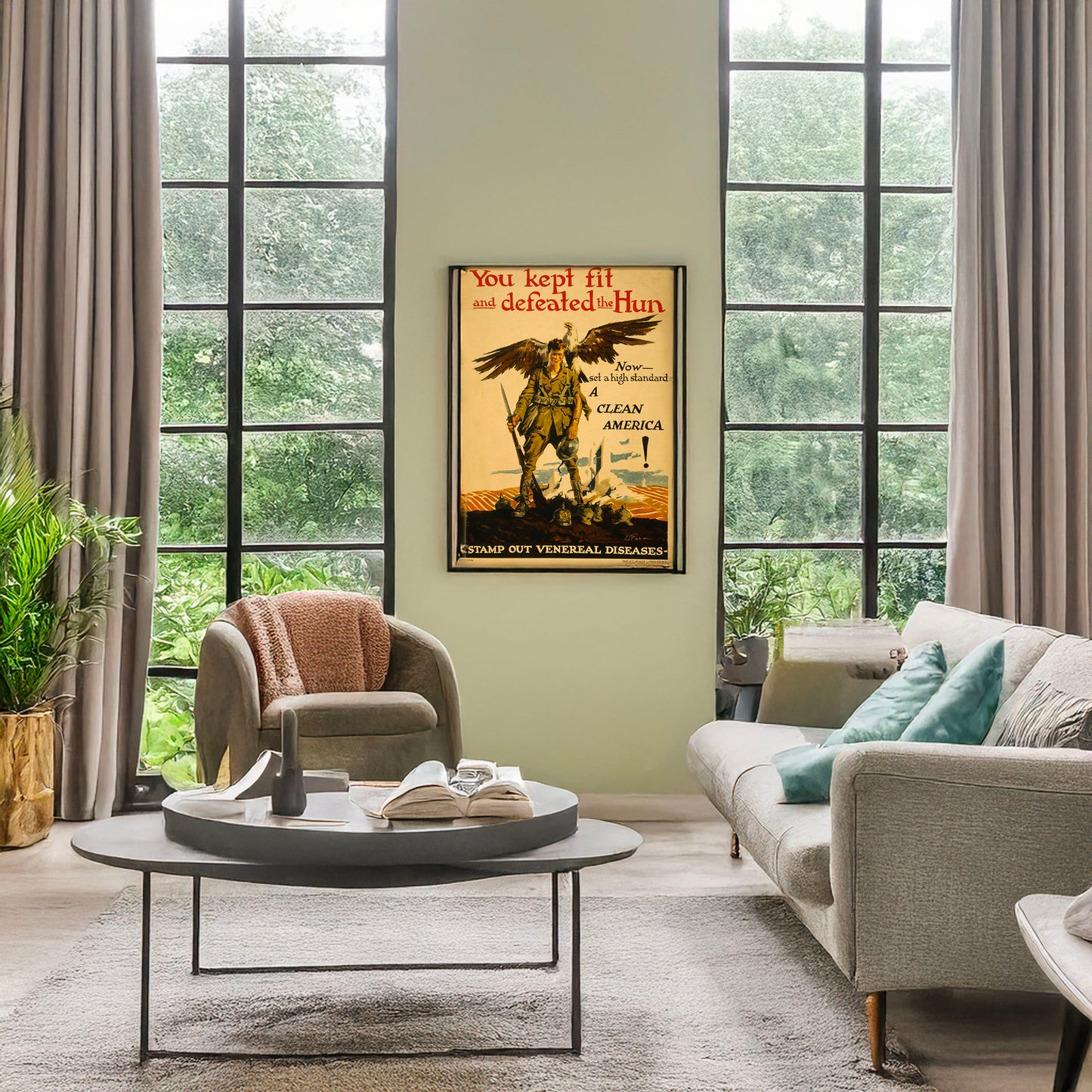 A picture of You kept fit and defeated the Hun - now set a high standard, a clean America! Stamp out venereal diseases /, a mockup of the print leaning against a wall