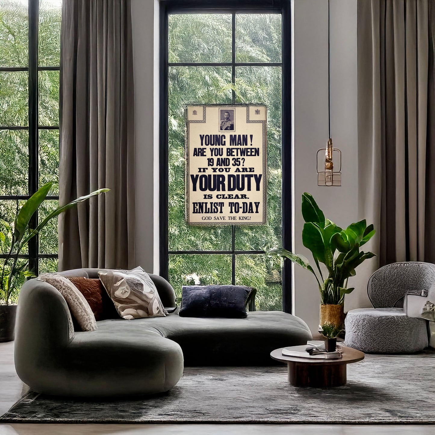A picture of Young man! Are you between 19 and 35? If you are your duty is clear. Enlist to-day. God save the King!, a mockup of the print leaning against a wall