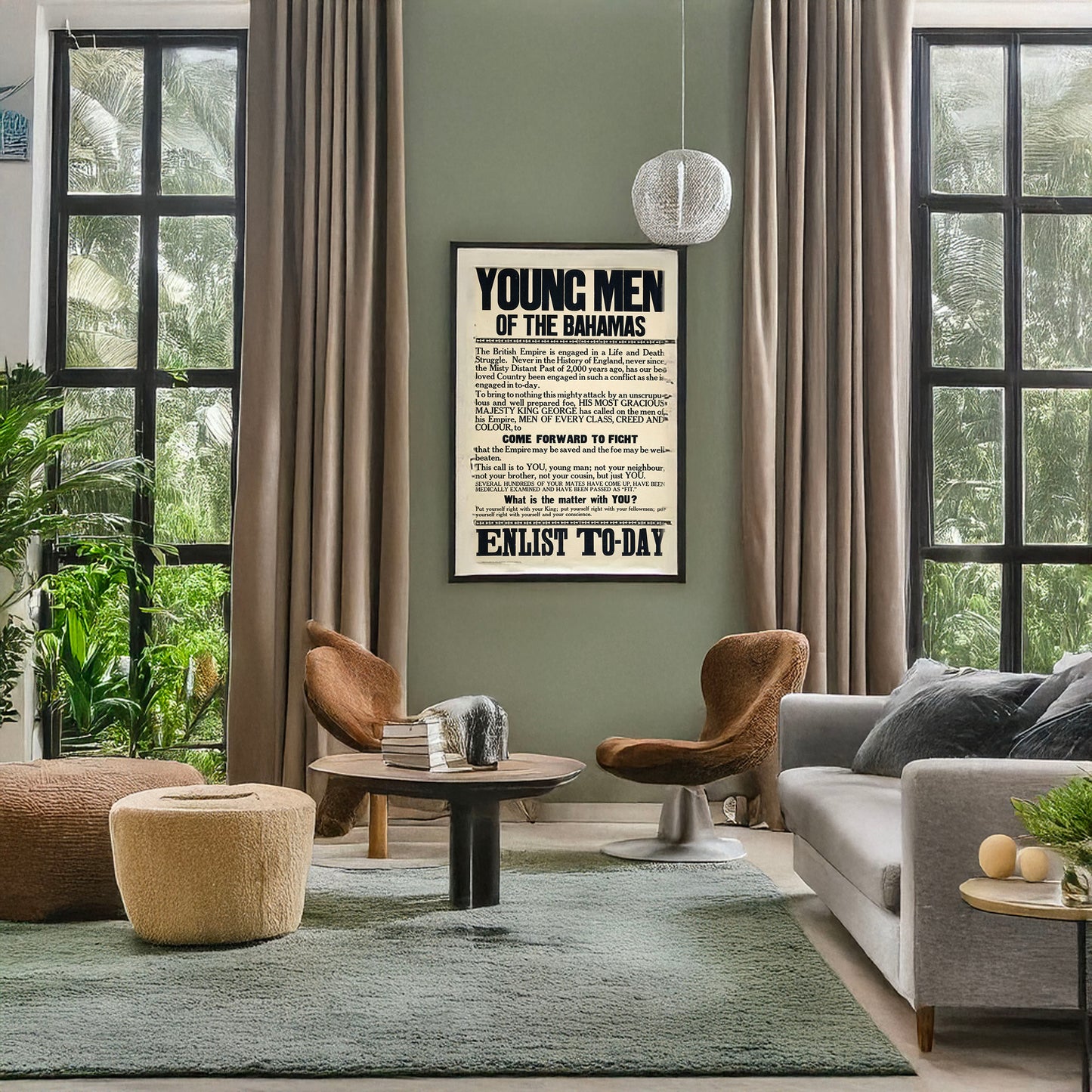 A picture of Young men of the Bahamas. ... Enlist to-day, a mockup of the print leaning against a wall