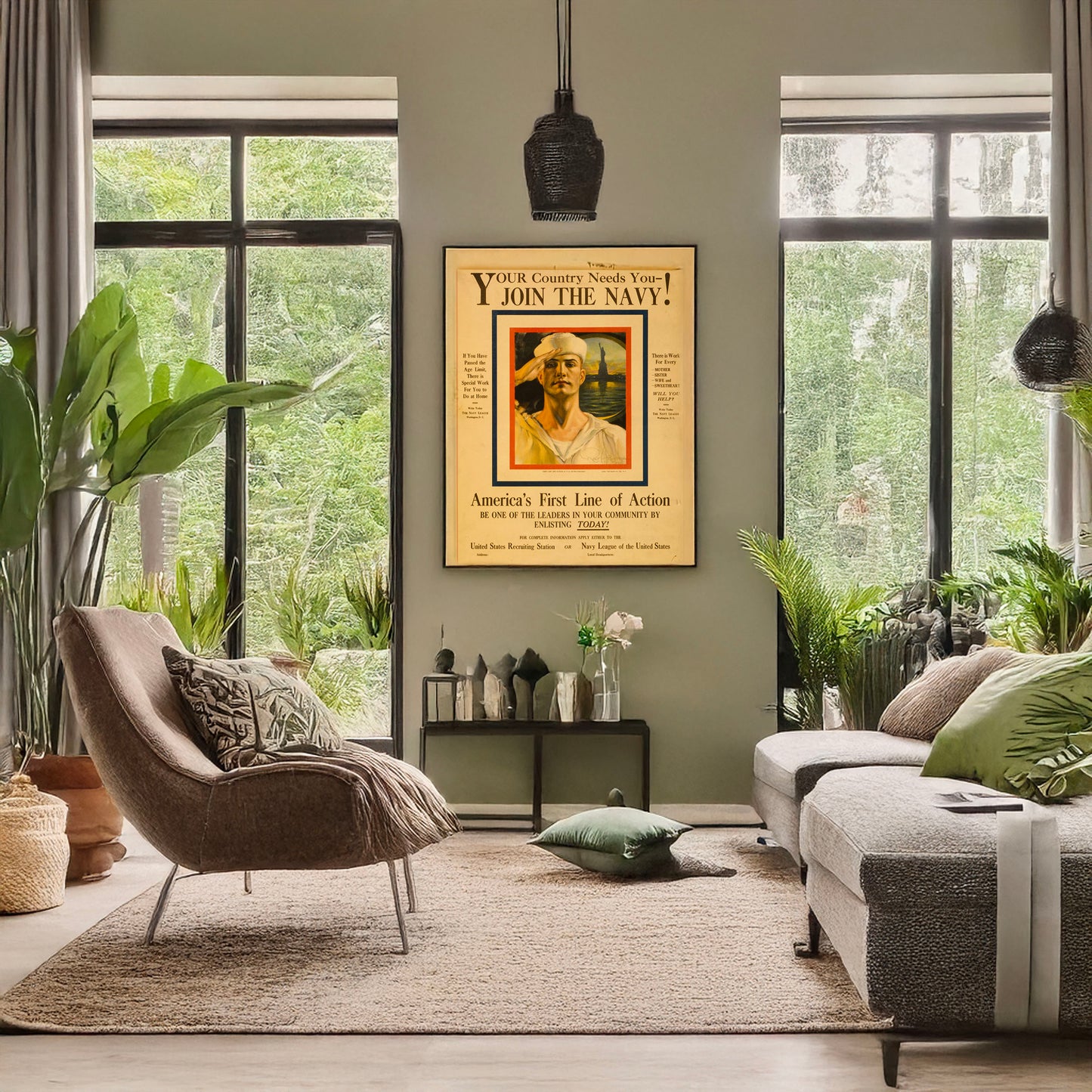 A picture of Your country needs you - join the Navy!, a mockup of the print leaning against a wall