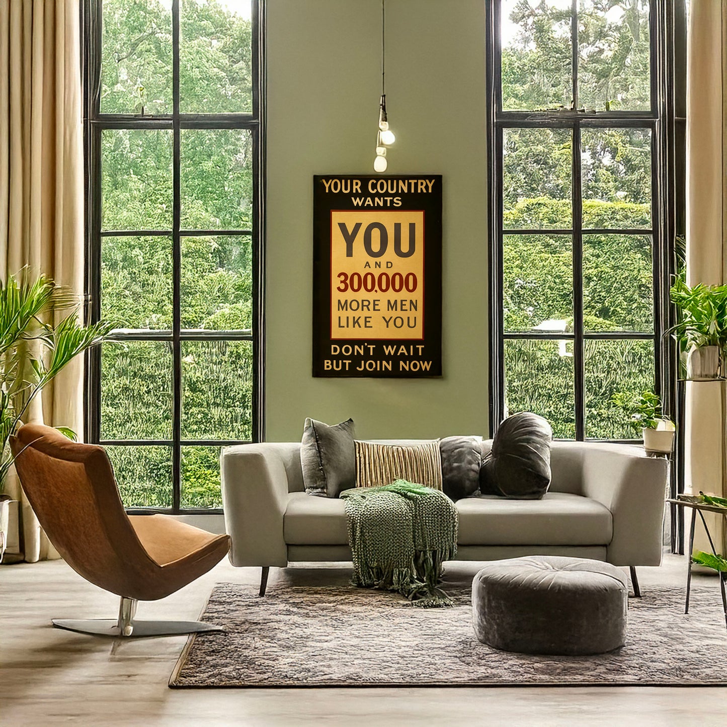 A picture of Your country wants you and 300,000 more men like you. Don't wait but join now, a mockup of the print leaning against a wall