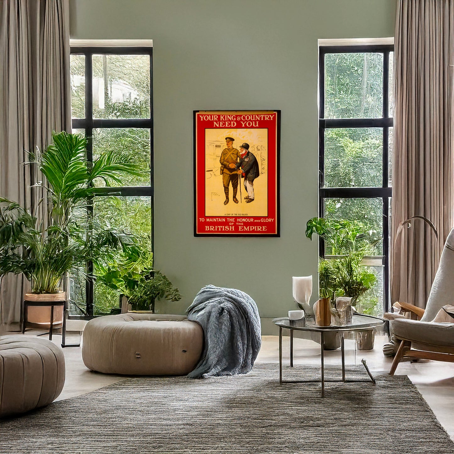 A picture of Your king & country need you to maintain the honour and glory of the British Empire, a mockup of the print leaning against a wall