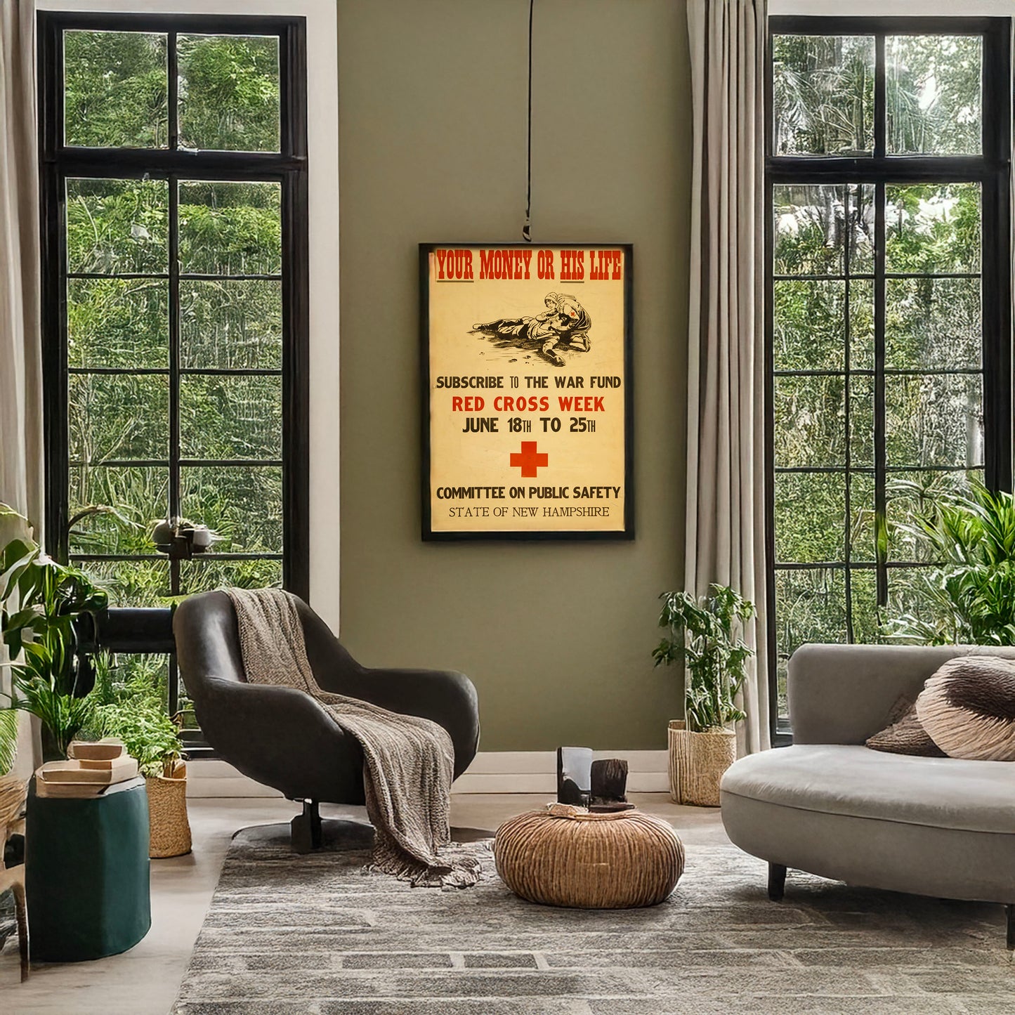 A picture of Your money or his life Subscribe to the war fund - Red Cross week - June 18th to 25th /, a mockup of the print leaning against a wall