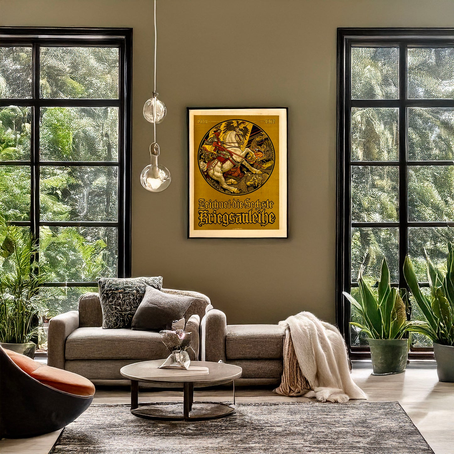 A picture of Zeichnet die sechste Kriegsanleihe, 1914-1917, a mockup of the print leaning against a wall