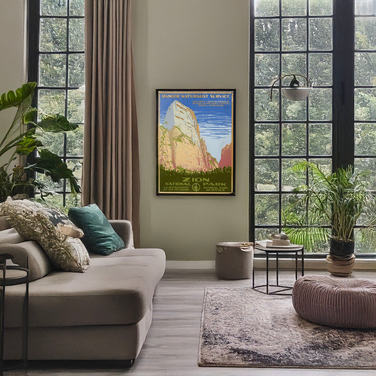A picture of Zion National Park, Ranger Naturalist Service, a mockup of the print leaning against a wall